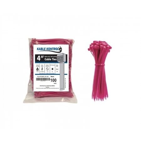 Kable Kontrol Cable Tie, 4 in L, 1 in Max Bundle Dia., Pink, Nylon 6/6, 18 lb Strength, 100 PK CT504FL-PK-100